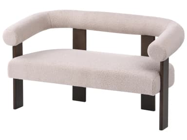An armchair with a rounded, upholstered backrest and seat, supported by dark, rectangular metal legs. The upholstery appears to be a textured boucle fabric. The design features a clean, contemporary aesthetic with a distinctive curved top rail. — 3D model