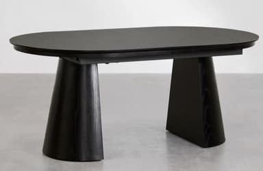 An oval-shaped dining table crafted from dark wood, featuring a tabletop that appears to be extendable, indicated by a central seam. The table is supported by two substantial, tapered pedestal bases that provide a modern and stable foundation. — 3D model