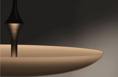 A modern pendant light featuring a wide, shallow, disc-shaped shade suspended by a slender metallic rod, accented by a decorative tapered element. — 3D model