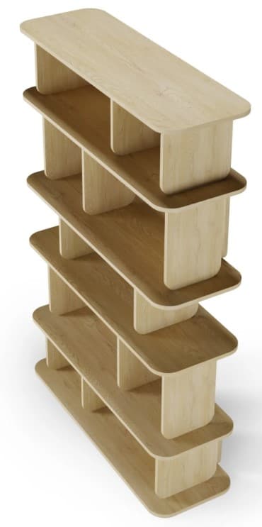 A modern, light-toned wooden shelving unit featuring an open, asymmetrical design with integrated closed compartments and rounded edges. — 3D model