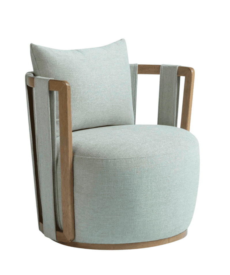 A contemporary armchair featuring a rounded, upholstered seat and back, with a distinct wooden frame that extends to form armrests. The upholstery appears to be a textured fabric, and decorative fabric straps are integrated into the armrest design. — 3D model
