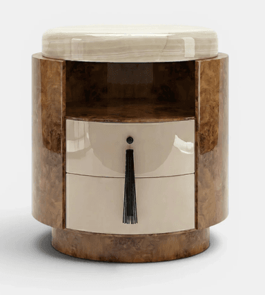 A cylindrical furniture piece featuring a high-gloss burl wood body and a polished, rounded onyx top. — 3D model