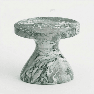 A side table with a distinct hourglass or spool-like silhouette. The tabletop is circular and flat, transitioning into a narrow, curved midsection that widens towards a stable, flared base. The entire piece is constructed from marble featuring a striking veined pattern of green and white, with some grey undertones. Its form is sculptural and modern. — 3D model