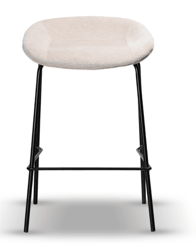 A modern bar stool featuring a sculpted, upholstered seat in a light, textured fabric atop a minimalist black metal frame with integrated footrests. — 3D model