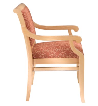 A wooden armchair featuring a light-toned frame and upholstered seat and backrest. The upholstery is a reddish-orange fabric with an intricate, light-colored swirl pattern. The chair has straight legs, connecting stretchers, and gently curved, open armrests. — 3D model