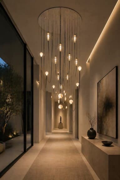 An abstract cascading chandelier featuring multiple light elements suspended at varying lengths from a circular ceiling plate. The fixture incorporates both spherical, opaque light diffusers and elongated, textured cylindrical diffusers, all hanging from dark, thin chains or wires, creating a dynamic and sculptural form. — 3D model