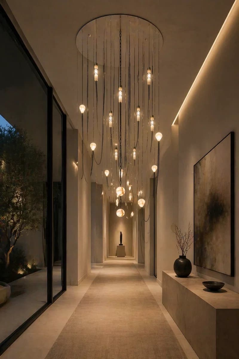 An abstract cascading chandelier featuring multiple light elements suspended at varying lengths from a circular ceiling plate. The fixture incorporates both spherical, opaque light diffusers and elongated, textured cylindrical diffusers, all hanging from dark, thin chains or wires, creating a dynamic and sculptural form. — 3D model