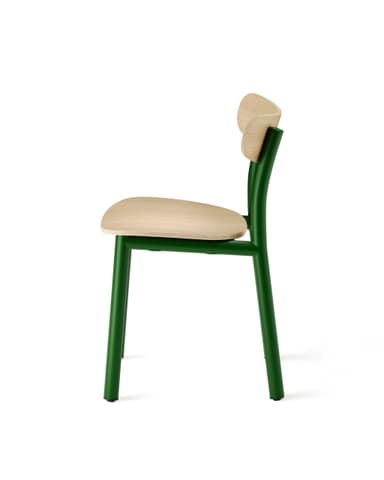 A contemporary dining chair featuring a vibrant green tubular metal frame and naturally finished molded plywood seat and backrest. The design is minimalist and functional. — 3D model