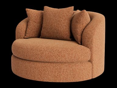 A cylindrical ottoman upholstered in a textured fabric. It has two small, triangular back cushions attached to the top surface, angled outwards. The upholstery features a subtle weave with variations in color, creating a speckled appearance. — 3D model