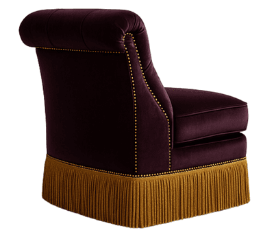 A tufted armchair with a high back and a rolled armrest. The upholstery appears to be velvet in a deep plum color. The base of the chair is adorned with a decorative fringe in a golden hue, secured by nailhead trim. The backrest features diamond tufting. — 3D model