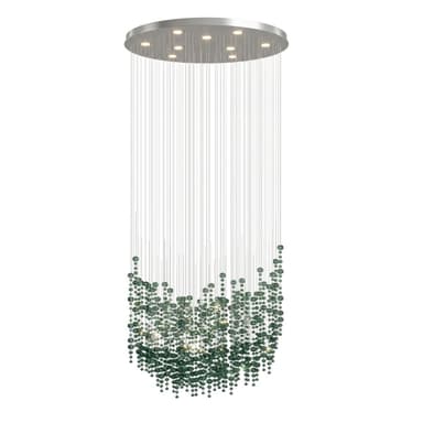 A modern chandelier featuring a circular, brushed metal canopy with integrated recessed spotlights. Numerous thin wires or suspension lines descend from the canopy, forming a cylindrical shape. Towards the bottom half, these lines are densely adorned with small, dark green, spherical beads, creating a volumetric, cascading effect that disperses and refracts light. — 3D model