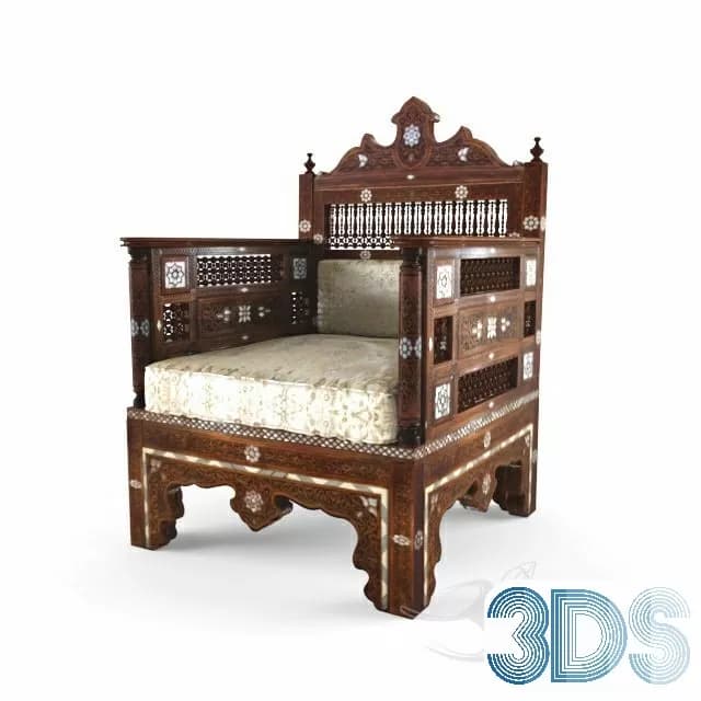 An ornate armchair crafted from dark wood, extensively decorated with intricate carving and mother-of-pearl inlay, featuring a high, shaped backrest and enclosed armrests, and fitted with a light-colored patterned cushion. — 3D model