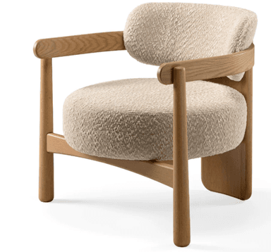 A modern armchair featuring a light-colored wooden frame with rounded edges and thick, plush, off-white boucle upholstery. The design is minimalist with exposed wood elements. — 3D model