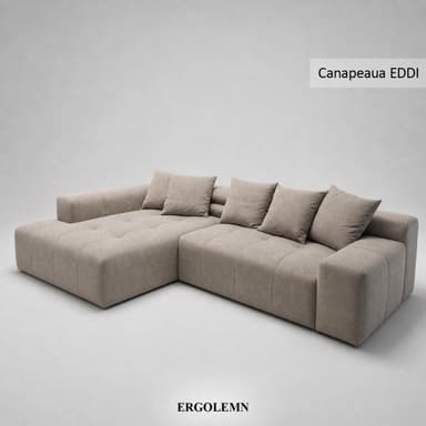 An L-shaped contemporary modular sectional sofa upholstered in a light beige fabric. It features a low profile, wide arms, and loose back cushions. The chaise portion of the sectional has a lightly tufted seat surface, contributing to a comfortable and versatile seating arrangement. — 3D model