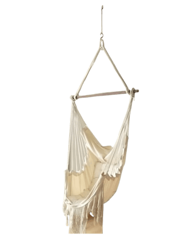 A single-person hammock swing chair made from off-white woven cotton fabric, suspended by braided ropes from a natural wooden spreader bar and a metal hanging hook. — 3D model