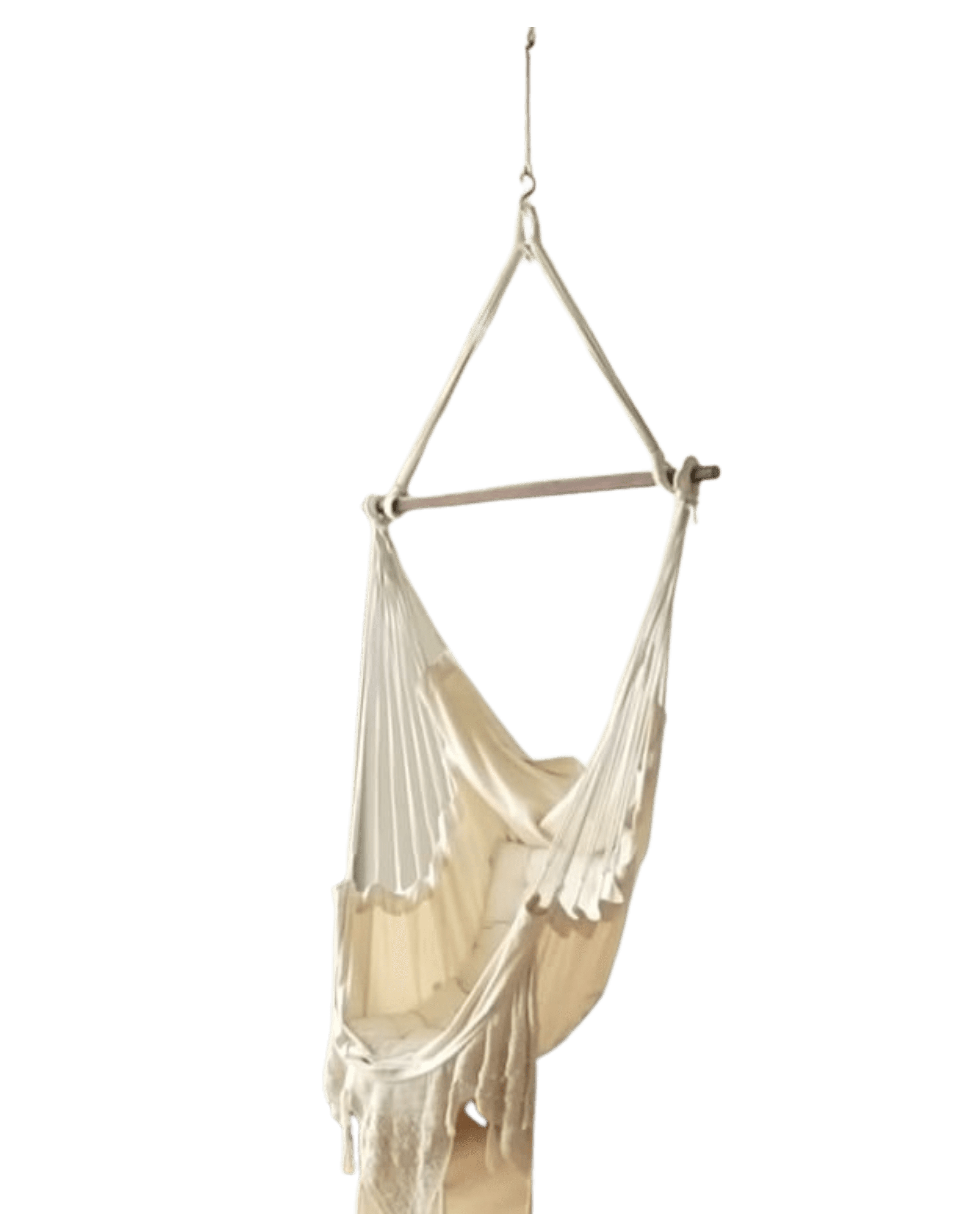 A single-person hammock swing chair made from off-white woven cotton fabric, suspended by braided ropes from a natural wooden spreader bar and a metal hanging hook. — 3D model
