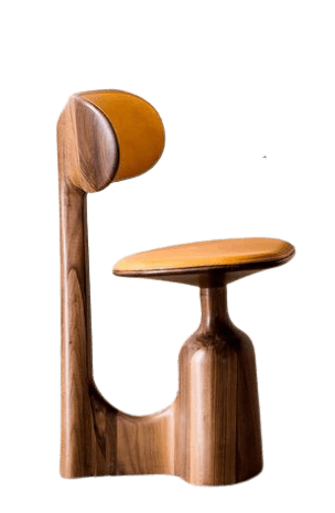 A uniquely designed wooden chair with an ergonomic form. The chair features a curved backrest and a rounded seat, both upholstered in tan leather. The base is constructed from polished wood with a distinctive, sculpted shape that incorporates a wide, U-shaped support on the left and a bulbous, columnar support on the right, which elevates the seat. — 3D model