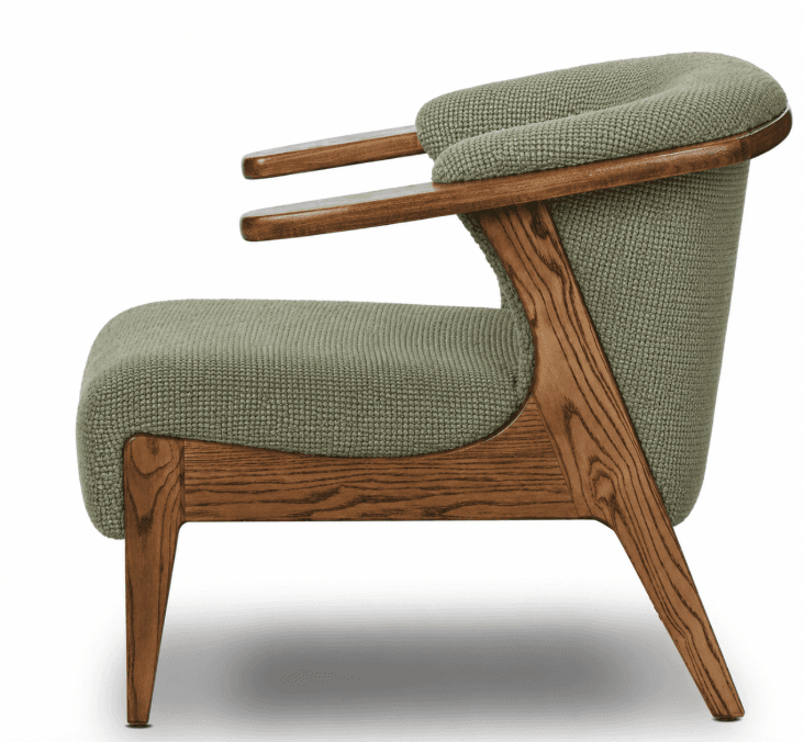 A modern armchair featuring a distinctive curved silhouette. The frame is constructed from solid wood with a visible grain pattern, supporting upholstered seat, back, and armrest pads. The upholstery has a textured, woven appearance. The design incorporates organic curves in the wooden structure and the soft forms of the cushions. — 3D model