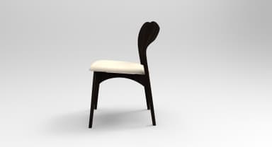 A modern dining chair featuring a dark-stained sculpted wooden frame and a light-colored upholstered seat. — 3D model