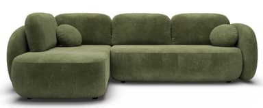 A modern, L-shaped sectional sofa upholstered in a green, textured boucle-style fabric, featuring soft, rounded contours and a low-profile design. It includes a left-hand facing chaise component and two matching round accent pillows. — 3D model