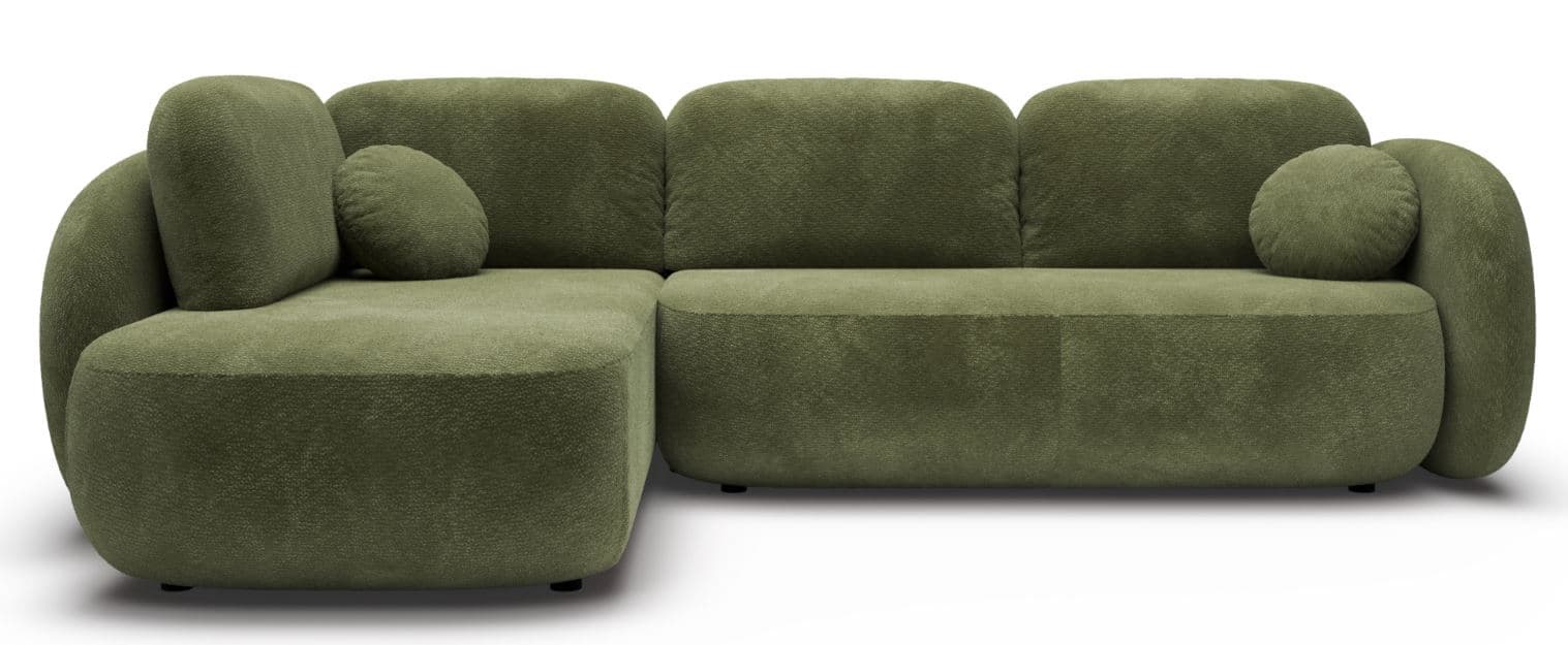 A modern, L-shaped sectional sofa upholstered in a green, textured boucle-style fabric, featuring soft, rounded contours and a low-profile design. It includes a left-hand facing chaise component and two matching round accent pillows. — 3D model