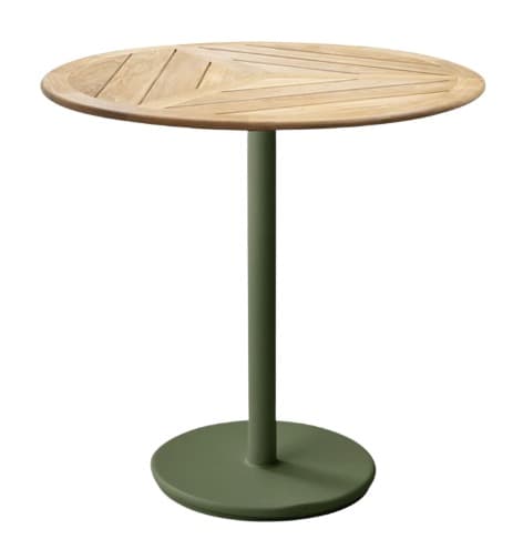 A modern outdoor bistro table featuring a round, slatted natural wood tabletop and a sturdy central pedestal base finished in a matte olive green color. The table stands on a round, flat base. — 3D model