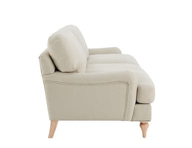 A side profile of a light-colored sofa with a textured fabric upholstery. The sofa features plush back cushions and armrests, and is supported by four turned wooden legs. The stitching detail is visible along the seams of the upholstery. — 3D model