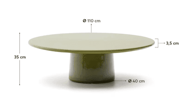 A small, round pedestal stand or table, uniformly colored in a glossy olive green. It features a flat, circular top supported by a single, stout cylindrical base. — 3D model