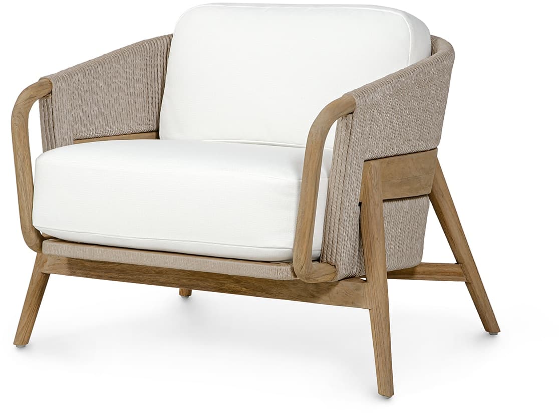 A contemporary lounge armchair featuring a natural teak wood frame with smooth, rounded armrests and angled legs. The backrest and side panels incorporate an open weave design made from beige synthetic rope. It is fitted with thick, plush, off-white fabric cushions for both the seat and back, providing a comfortable and airy seating solution. — 3D model