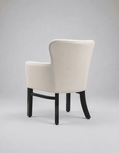 An elegantly designed upholstered dining armchair featuring a high, slightly curved back and padded armrests. The chair is covered in a light, neutral-toned fabric, likely linen or a blend, and stands on four dark, tapered solid wood legs, with the rear legs subtly curved for stability and style. The overall design suggests a contemporary or transitional aesthetic, offering both comfort and sophisticated style. — 3D model