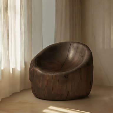 A single, organically shaped chair carved from a solid piece of dark wood. The chair has a rounded, bowl-like seat and a low backrest integrated into the main form. The exterior is cylindrical and robust, showcasing prominent wood grain and natural cracks, indicative of a tree trunk or large log. The design emphasizes natural form and material. — 3D model
