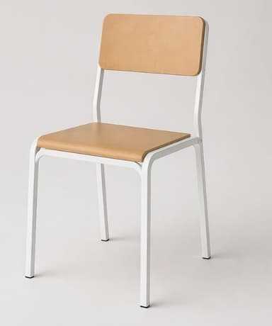 A side profile view of a modern chair. The chair features a white metal frame for the legs, seat support, and backrest frame. The seat and backrest are made of a light-colored wood-like material, possibly laminate or finished plywood. The design is minimalist and appears to be functional, suitable for dining or office use. — 3D model