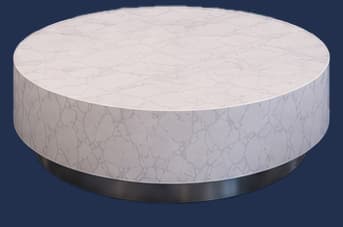 A low-profile, cylindrical coffee table featuring a white surface with a gray marble-like veining pattern. The main body of the table is a continuous cylinder, resting on a slightly recessed, dark metallic plinth base. — 3D model