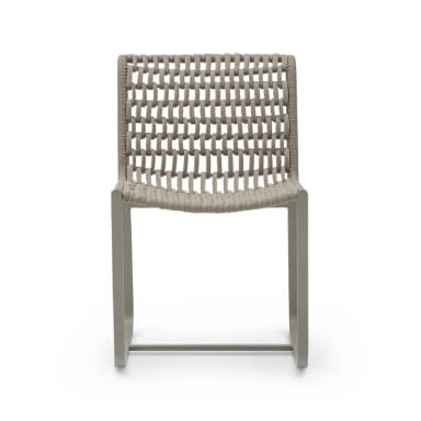 An armless chair featuring a gray tubular metal frame with a sled base, and a woven beige synthetic rope forming the seat and backrest. The design is modern and minimalist. — 3D model