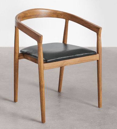 A Mid-Century Modern dining chair featuring a warm-toned wooden frame and a black upholstered seat. The backrest is gently curved, integrating seamlessly with the armrests. The chair stands on four tapered legs. — 3D model