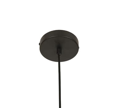 A contemporary pendant light featuring a wide, flat, circular shade crafted from intricately woven natural fibers. The shade displays a multi-color pattern, incorporating segments of brown, black, green, and natural beige, arranged in both concentric circles and radial stripes. A central, conical light diffuser, made of a light-colored fabric, is positioned underneath the main shade, suspended by a black cord. — 3D model