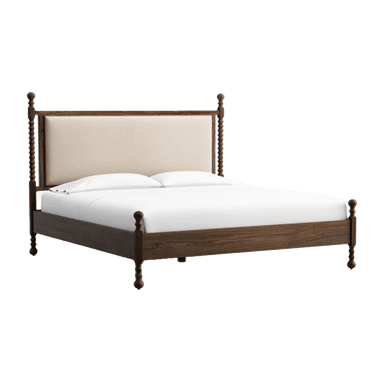 A dark-stained wooden bed frame featuring an upholstered headboard. The headboard and footboard both incorporate turned posts, with the headboard posts being taller and having a distinctive reeded or spiraled detail. The upholstered panel is a light, neutral-toned fabric. — 3D model