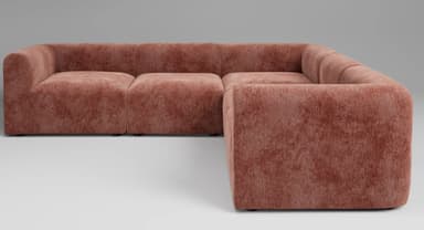 An L-shaped modular sectional sofa featuring plush, rounded edges and upholstered in a textured, muted mauve fabric. The design emphasizes comfort and flexibility, allowing individual units to be reconfigured. — 3D model