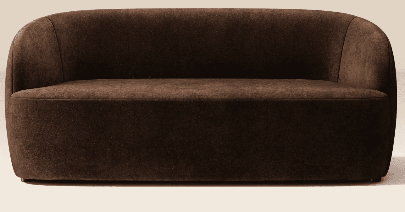 A contemporary dark brown loveseat featuring a fully upholstered, rounded silhouette with integrated arms and back, resting on a low-profile plinth base. The fabric appears soft and textured. — 3D model