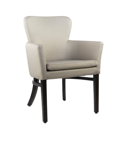 A detailed drawing of an upholstered armchair with various dimensions indicated. The chair features a padded seat, backrest, and armrests, supported by four tapered wooden legs. The upholstery appears to be a light-colored fabric, and the legs are dark. — 3D model