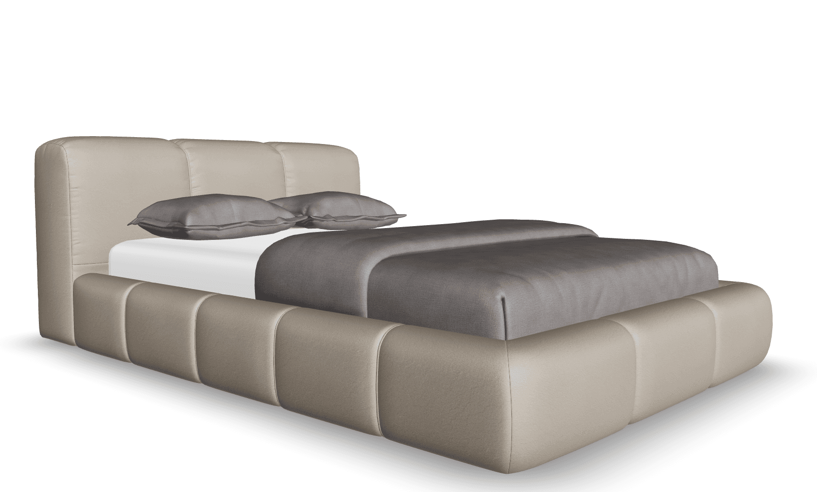 A modern upholstered platform bed featuring a paneled headboard and integrated frame, rendered in a neutral beige-taupe color, complete with bedding. — 3D model