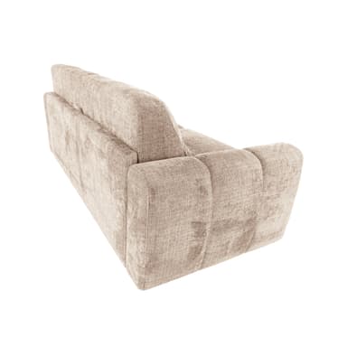 A modern three-seater sofa upholstered in a textured beige fabric, featuring integrated low armrests and a streamlined, minimalist design. The back and seat cushions appear to be fixed, contributing to its clean silhouette. — 3D model