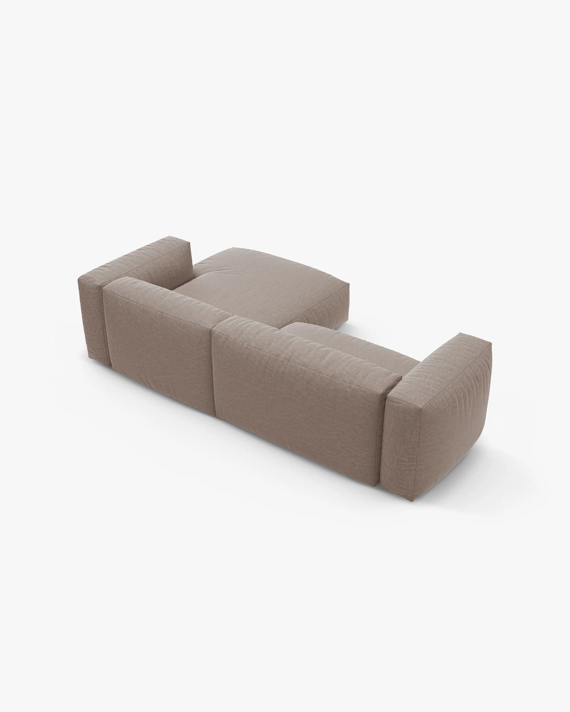 A modern, low-profile modular sectional sofa featuring an integrated chaise lounge and wide, upholstered armrests, all covered in a neutral taupe woven fabric. — 3D model