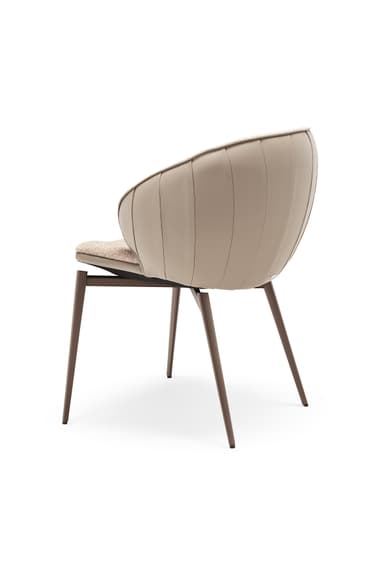 A modern armchair with a curved back and seat, upholstered in textured beige fabric and smooth taupe leather. It features a swivel base supported by four slender, angled legs in a dark metallic finish. — 3D model