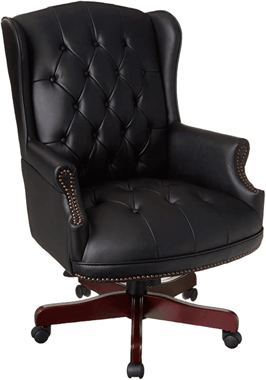 A traditional wingback office chair upholstered in black leather, featuring deep button tufting on the backrest and seat, and antique brass nailhead trim along the armrests and base. It rests on a five-star wooden base with casters, allowing for mobility and a swivel function. — 3D model