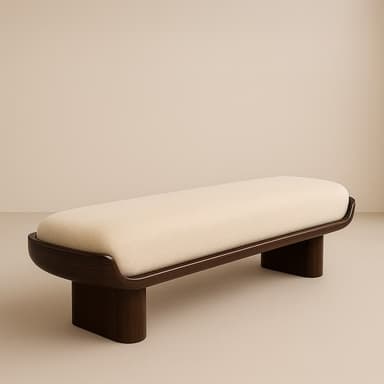 A close-up view of a modern upholstered ottoman, featuring a cream-colored cushion nestled within a distinctive dark reddish-brown, high-gloss lacquered wood frame. The frame has smooth, rounded edges and a solid, block-like base. — 3D model