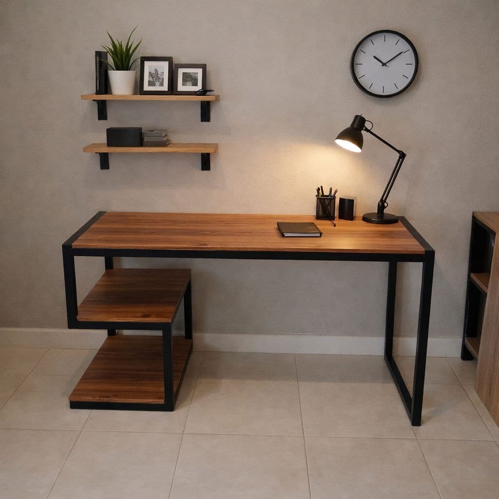 A modern industrial-style writing desk featuring a rectangular wood-look desktop supported by a black metal frame. An integrated two-tier shelving unit is incorporated on the left side, providing functional storage space. The design is clean and minimalist, suitable for a contemporary workspace. — 3D model