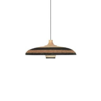 A close-up image of two pendant lights, each featuring a bell-shaped natural wood canopy from which a woven natural fiber shade hangs. The shades are multi-toned with alternating bands of light beige/natural and black woven material, creating a striped pattern. The wooden canopies exhibit a visible grain, and the black electrical cord is visible emerging from the top of the canopy. — 3D model