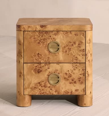 A two-drawer nightstand featuring a rich burl wood veneer finish and rounded edges, equipped with recessed circular brass pulls. — 3D model