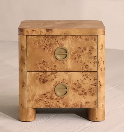 A two-drawer nightstand featuring a rich burl wood veneer finish and rounded edges, equipped with recessed circular brass pulls. — 3D model